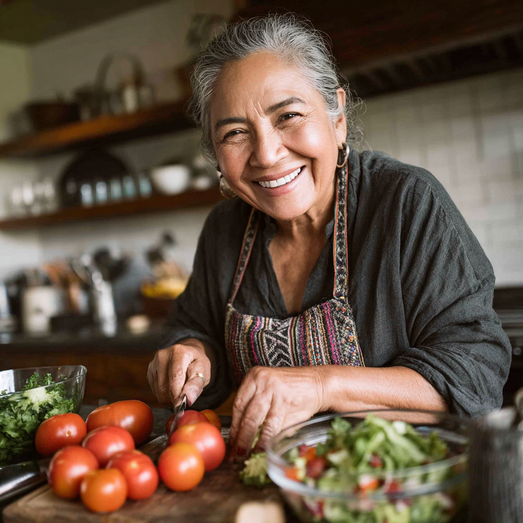 Mujer latina de 55 años sonriendo mientras prepara una ensalada saludable en su cocina moderna