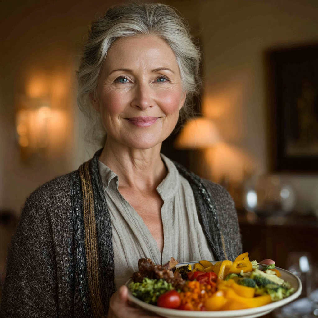 Mujer de 58 años con sonrisa confiada sosteniendo un plato colorido de comida saludable en su comedor familiar