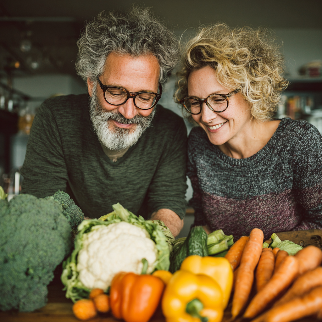 Pareja madura de 50 años, hombre y mujer, cocinando juntos verduras frescas en una cocina moderna y luminosa